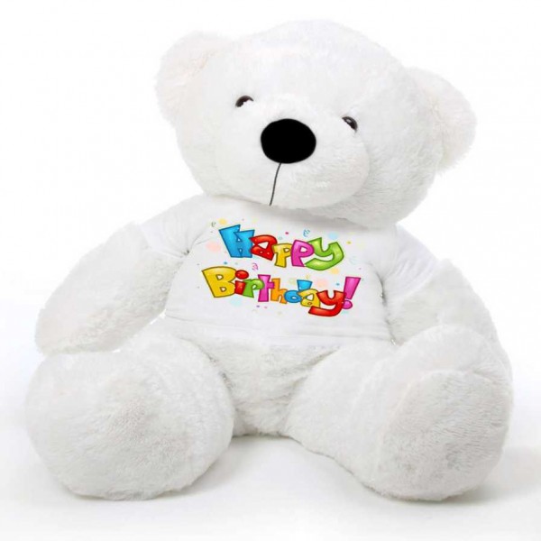 White 5 feet Big Teddy Bear wearing a Happy Birthday T-shirt